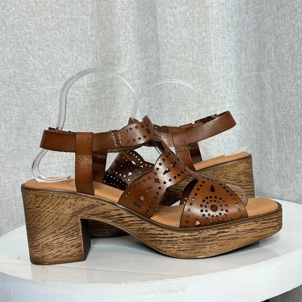 ERIC MICHAEL WHITNEY  COGNAC LEATHER LASER CUT PLATFORM BOHO SANDALS NIB EU 40